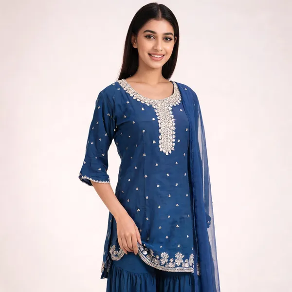 Royal_Blue_Chinon_Embellished_Short_Kurti_Sharara_Set_For_Women