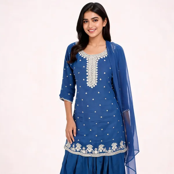 Royal_Blue_Chinon_Embellished_Short_Kurti_Sharara_Set_For_Women