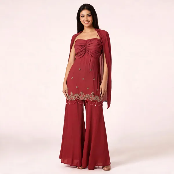 Rust_Crepe_Flared_Embroidered_Jacket_Garara_Set_For_Women