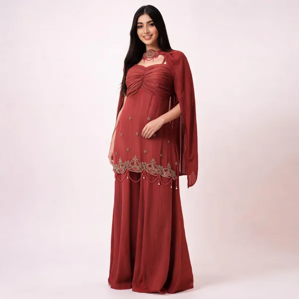 Rust_Crepe_Flared_Embroidered_Jacket_Garara_Set_For_Women