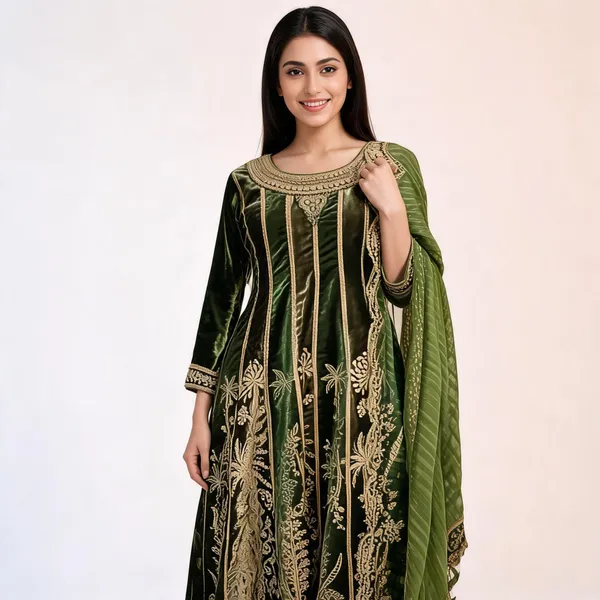 Olive_Green_Velvet_Anarkali_Embroidered_Suit_Set_For_Women