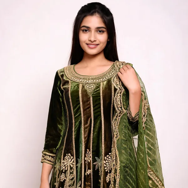 Olive_Green_Velvet_Anarkali_Embroidered_Suit_Set_For_Women