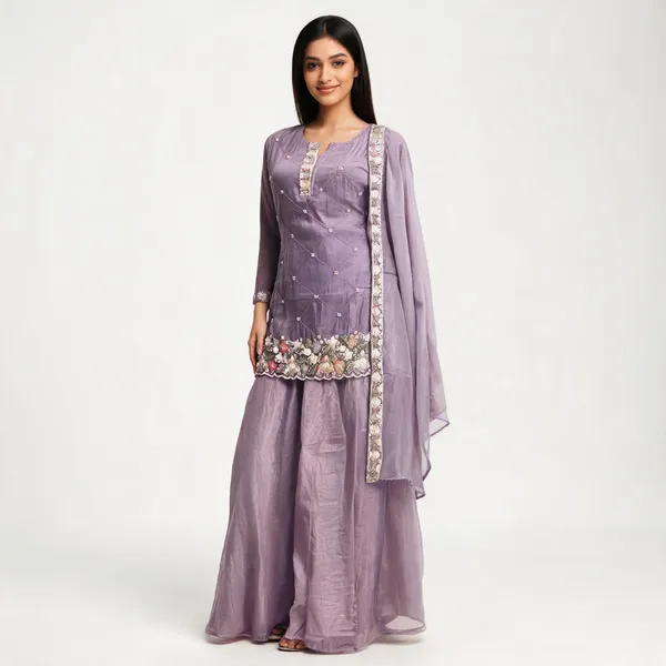 Lavender_Fendi_Silk_Embroidered_Short_Kurti_Sharara_Set_For_Women