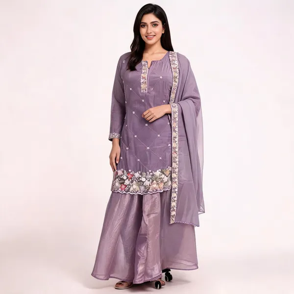 Lavender_Fendi_Silk_Embroidered_Short_Kurti_Sharara_Set_For_Women