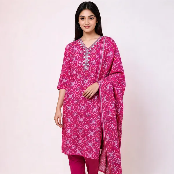 Magenta_Muslin_Bandhej_Print_Embroidered_Kurta_Pant_Set_For_Women