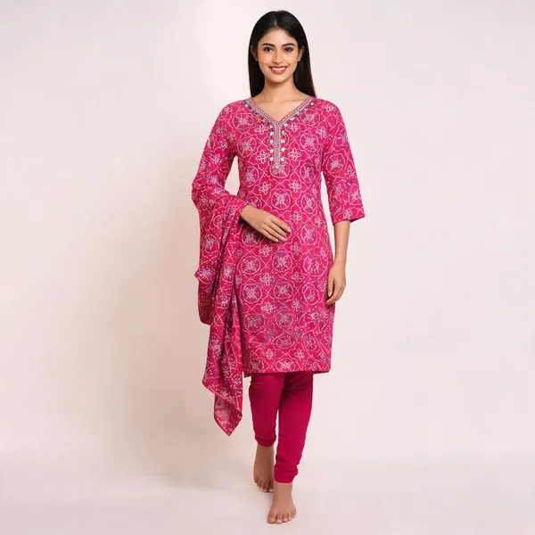 Magenta_Muslin_Bandhej_Print_Embroidered_Kurta_Pant_Set_For_Women