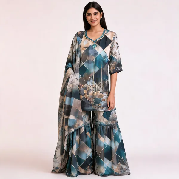 Multi_Georgette_Printed_Kurta_Sharara_Dupatta_Set_For_Women