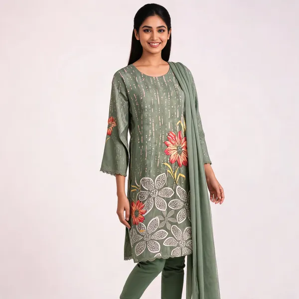 Green_Cotton_Hand_Work_Kurta_Pant_Dupatta_Set_For_Women