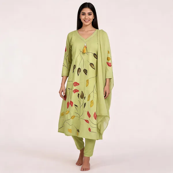 Light_Green_Cotton_A-Line_Hand_Painted_Kurta_Pant_Dupatta_Set_For_Women