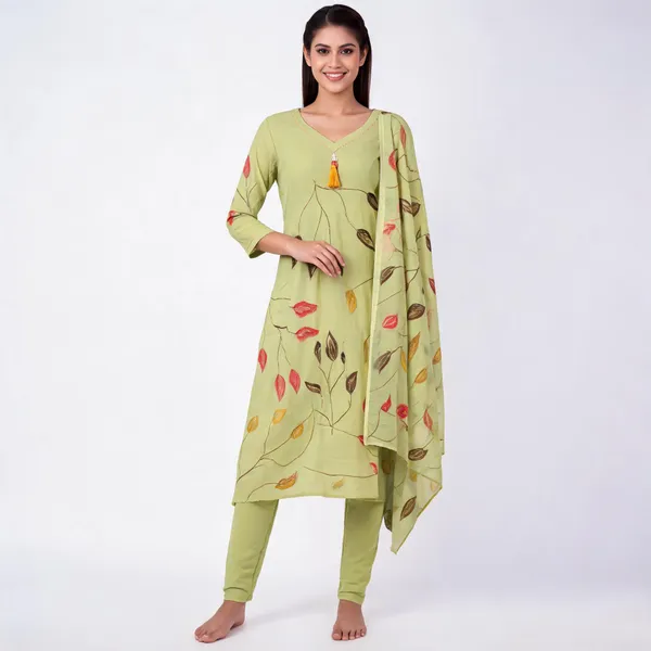 Light_Green_Cotton_A-Line_Hand_Painted_Kurta_Pant_Dupatta_Set_For_Women