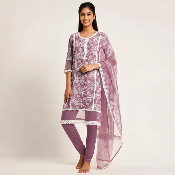 Lavender_Cotton_Schiffli_Organza_Dupatta_Kurta_Pant_Set_For_Women