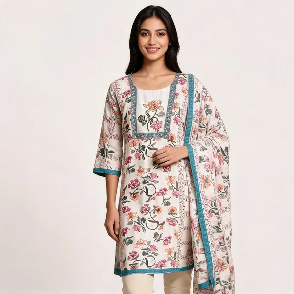 Light_Pista_Cotton_Printed_Hand_Work_Kurta_Pant_Dupatta_Set_For_Women