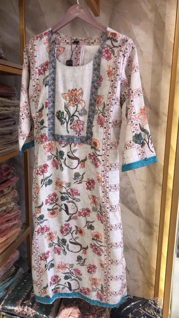 Light_Pista_Cotton_Printed_Hand_Work_Kurta_Pant_Dupatta_Set_For_Women
