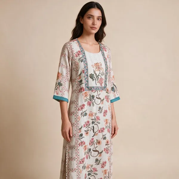 Light_Pista_Cotton_Printed_Hand_Work_Kurta_For_Women