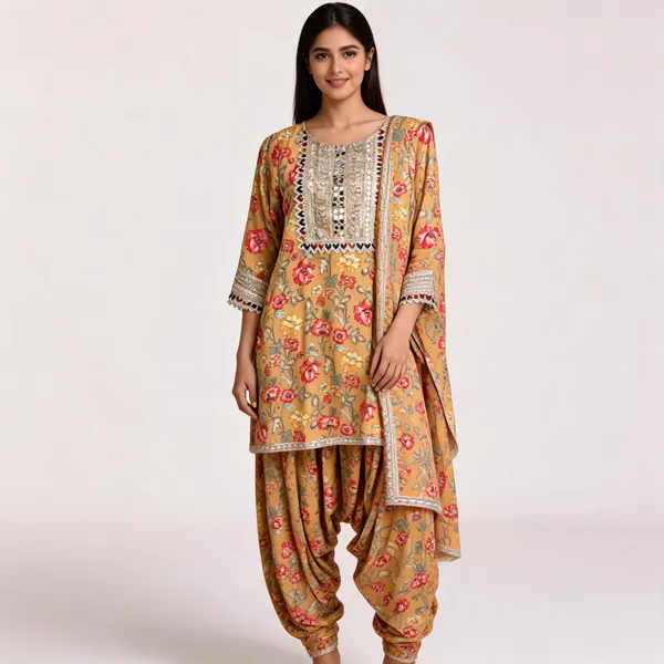 Mustard_Muslin_Floral_Printed_Kurti_Dhoti_Set_For_Women