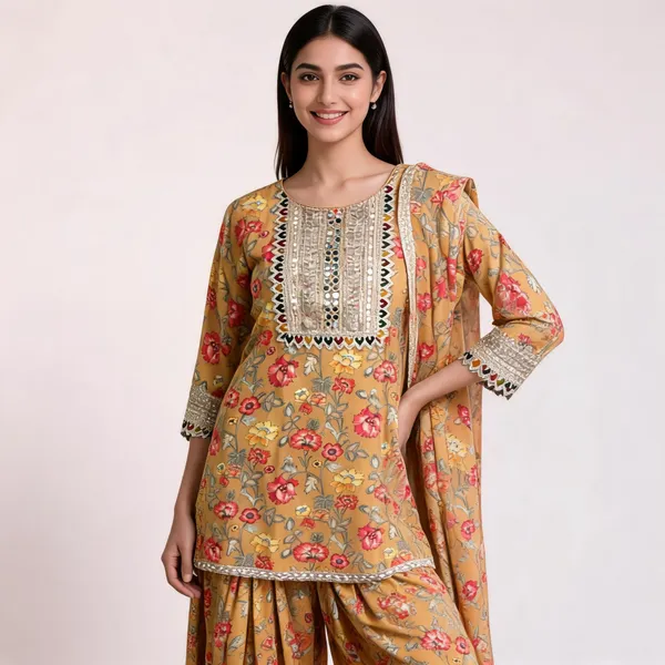 Mustard_Muslin_Floral_Printed_Kurti_Dhoti_Set_For_Women