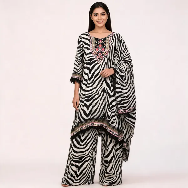 Black_White_Muslin_A-Line_Zebra_Print_Kurta_Pant_Dupatta_Set_For_Women