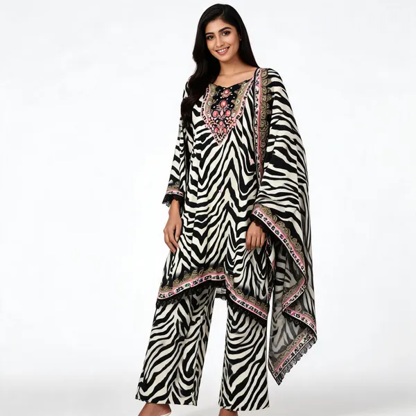Black_White_Muslin_A-Line_Zebra_Print_Kurta_Pant_Dupatta_Set_For_Women