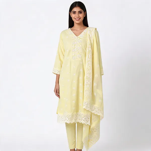 Light_Lemon_Cotton_Chikankari_Kurta_Pant_Dupatta_Set_For_Women