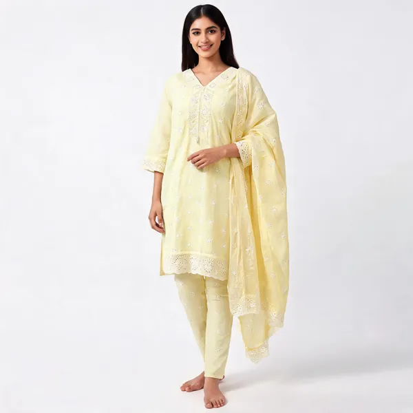 Light_Lemon_Cotton_Chikankari_Kurta_Pant_Dupatta_Set_For_Women