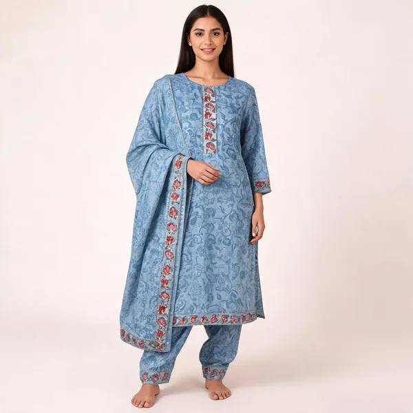 Blue_Cotton_Kantha_Work_Kurta_Pant_Dupatta_Set_For_Women