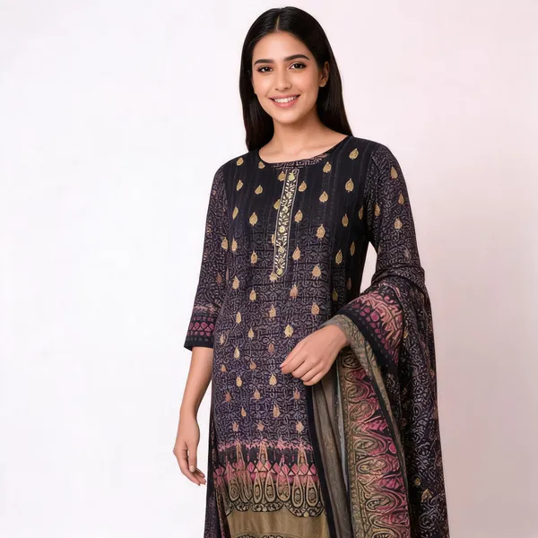 Black_Cotton_Printed_Neck_Work_Kurta_Set_For_Women