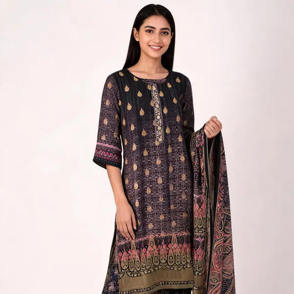 Black_Cotton_Printed_Neck_Work_Kurta_Set_For_Women