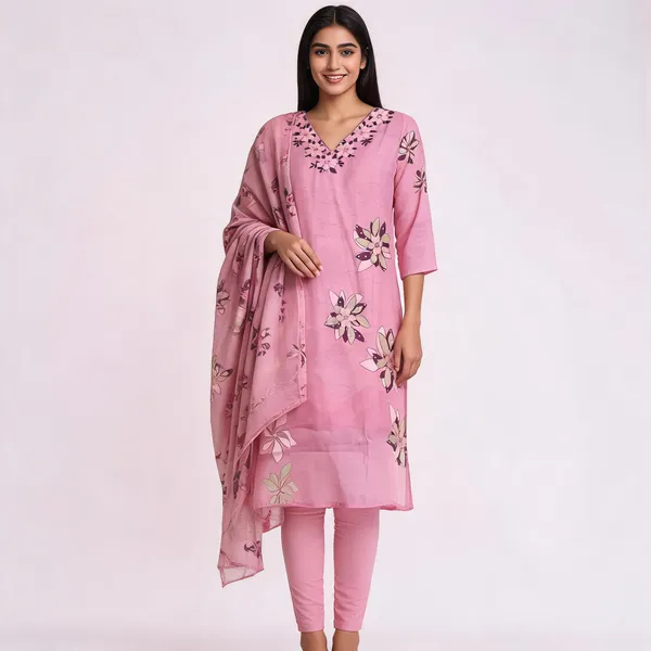 Pink_Cotton_Printed_Neck_Detail_Kurta_Pant_Dupatta_Set_For_Women