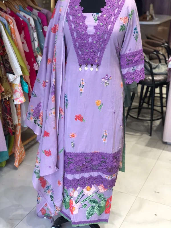 Lavender_Cotton_Printed_Lace_Detail_Kurta_Pant_Dupatta_Set_For_Women