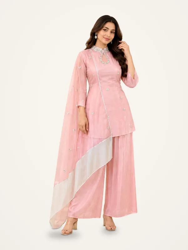 Kurti_Pant_Set_for_Women_-_Pink_Satin_Designer,_Contrast_Dupatta_|_Festive_Wear