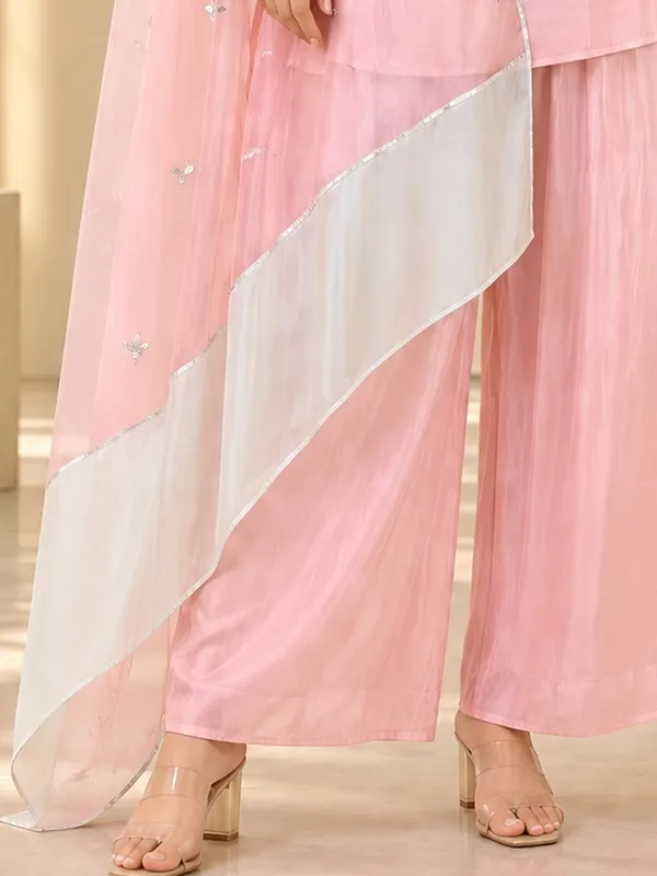 Kurti_Pant_Set_for_Women_-_Pink_Satin_Designer,_Contrast_Dupatta_|_Festive_Wear