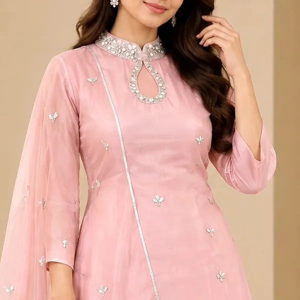 Kurti_Pant_Set_for_Women_-_Pink_Satin_Designer,_Contrast_Dupatta_|_Festive_Wear