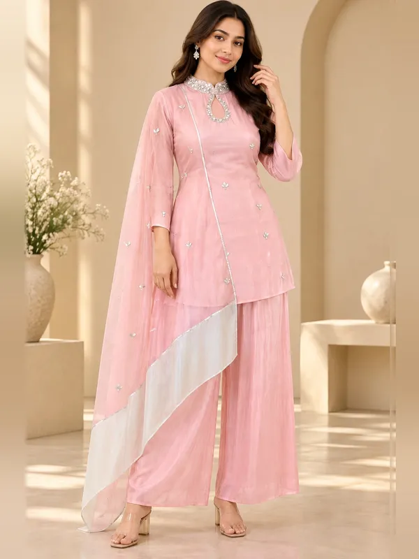 Kurti_Pant_Set_for_Women_-_Pink_Satin_Designer,_Contrast_Dupatta_|_Festive_Wear