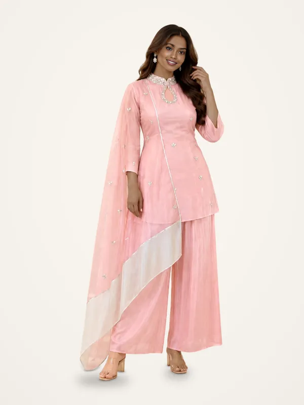 Kurti_Pant_Set_for_Women_-_Pink_Satin_Designer,_Contrast_Dupatta_|_Festive_Wear