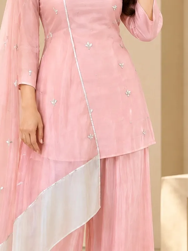 Kurti_Pant_Set_for_Women_-_Pink_Satin_Designer,_Contrast_Dupatta_|_Festive_Wear