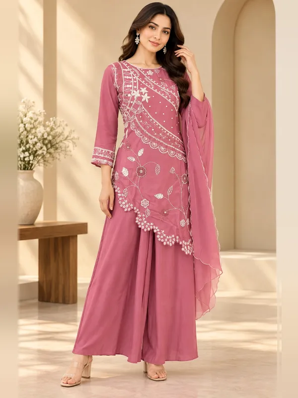 Sharara_Suit_Set_for_Women_-_Pink_Silk_Pearl_Work_3_Piece_|_Festive_Wear