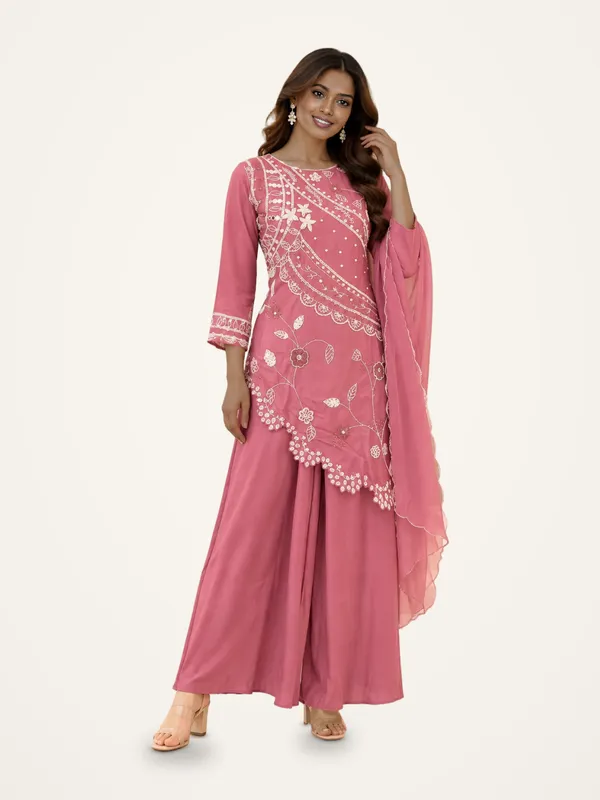 Sharara_Suit_Set_for_Women_-_Pink_Silk_Pearl_Work_3_Piece_|_Festive_Wear