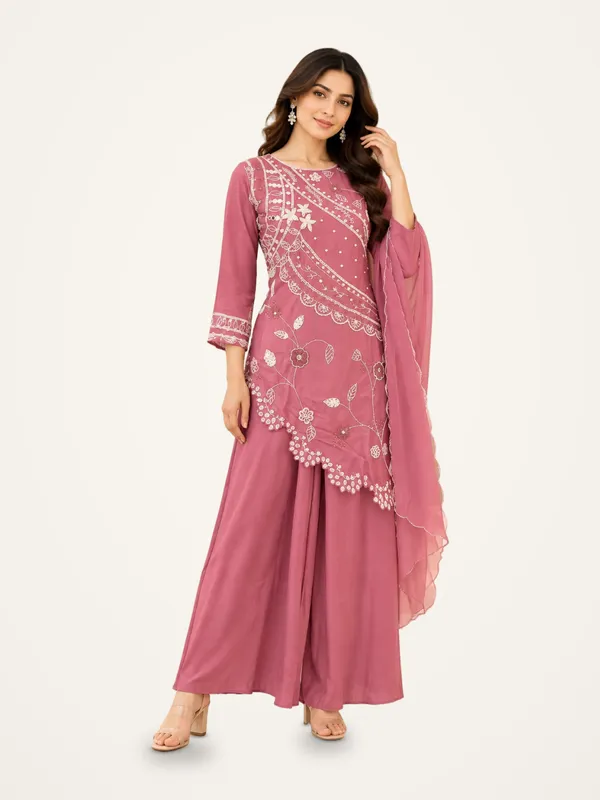 Sharara_Suit_Set_for_Women_-_Pink_Silk_Pearl_Work_3_Piece_|_Festive_Wear