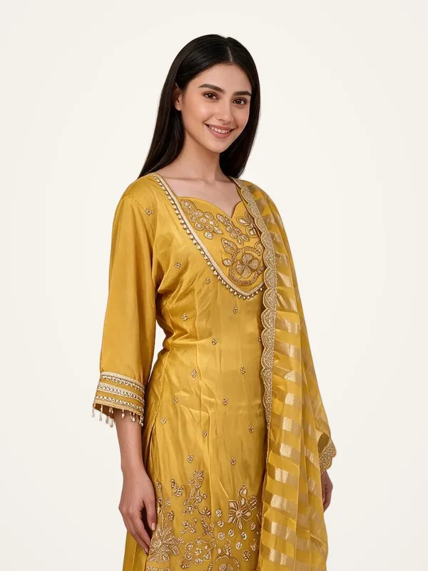 Kurti_Pant_Suit_Set_for_Women_-_Yellow_Shimmer_Hand_Work,_Designer_Dupatta