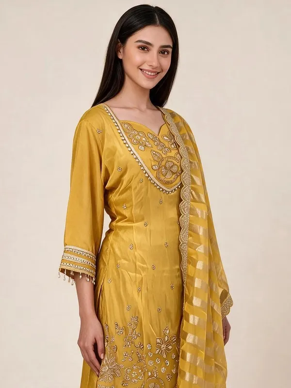 Kurti_Pant_Suit_Set_for_Women_-_Yellow_Shimmer_Hand_Work,_Designer_Dupatta