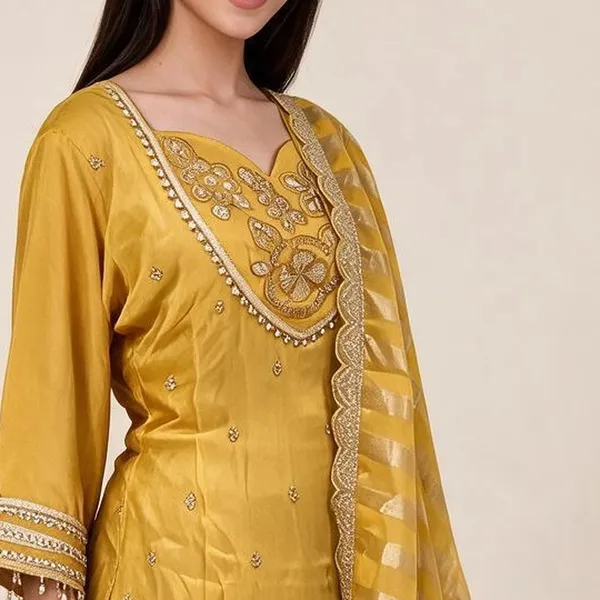 Kurti_Pant_Suit_Set_for_Women_-_Yellow_Shimmer_Hand_Work,_Designer_Dupatta