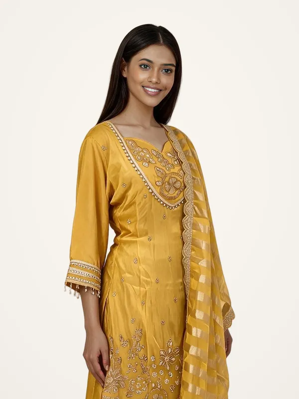 Kurti_Pant_Suit_Set_for_Women_-_Yellow_Shimmer_Hand_Work,_Designer_Dupatta