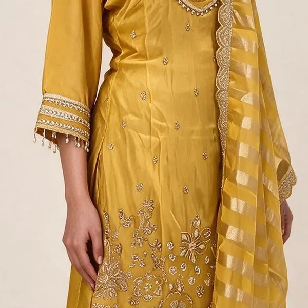 Kurti_Pant_Suit_Set_for_Women_-_Yellow_Shimmer_Hand_Work,_Designer_Dupatta