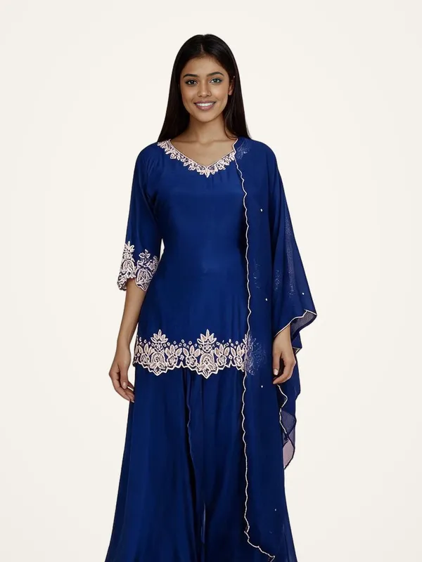 Gharara_Suit_Set_for_Women_-_Royal_Blue_Chinon_Short_Hand_Work_3_Piece_with_Divider_|_Wedding