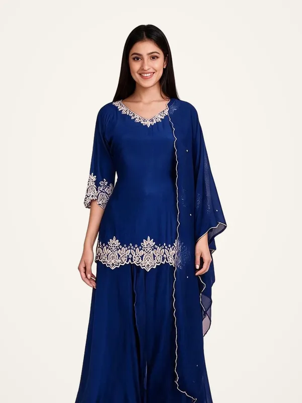 Gharara_Suit_Set_for_Women_-_Royal_Blue_Chinon_Short_Hand_Work_3_Piece_with_Divider_|_Wedding