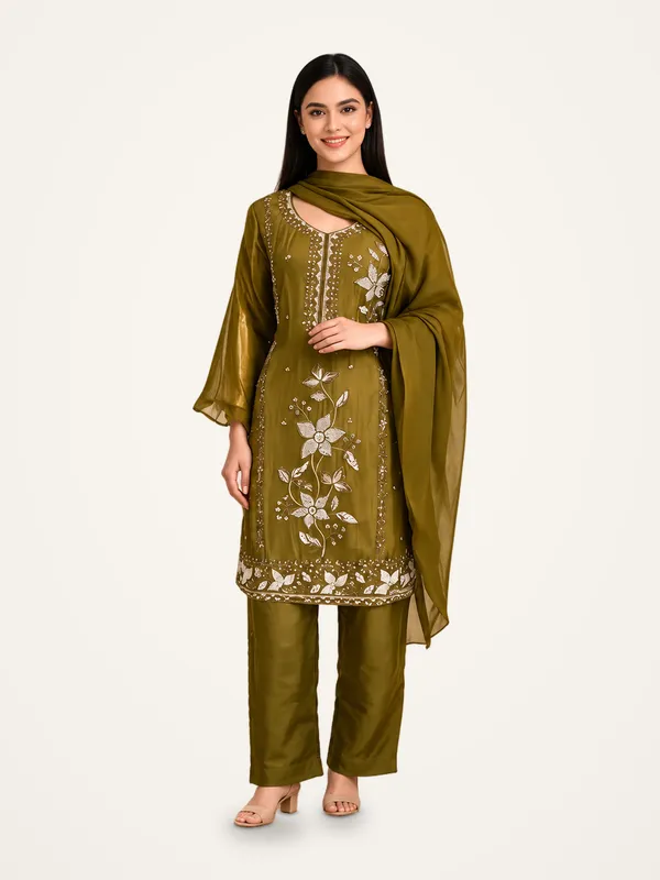 Kurta_Pant_Set_with_Dupatta_for_Women_-_Olive_Green_Silk_Embroidered_|_Festive