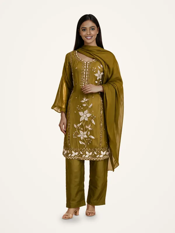 Kurta_Pant_Set_with_Dupatta_for_Women_-_Olive_Green_Silk_Embroidered_|_Festive