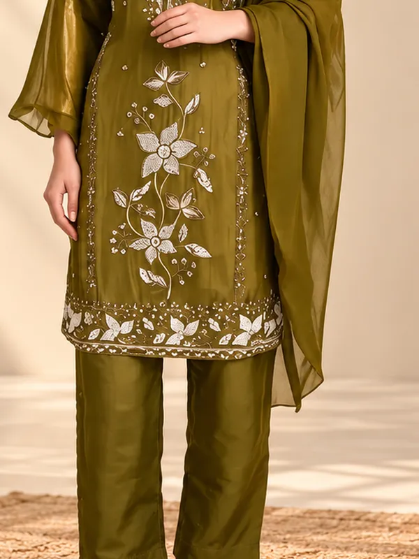 Kurta_Pant_Set_with_Dupatta_for_Women_-_Olive_Green_Silk_Embroidered_|_Festive