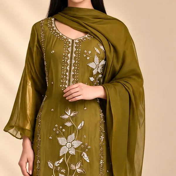 Kurta_Pant_Set_with_Dupatta_for_Women_-_Olive_Green_Silk_Embroidered_|_Festive