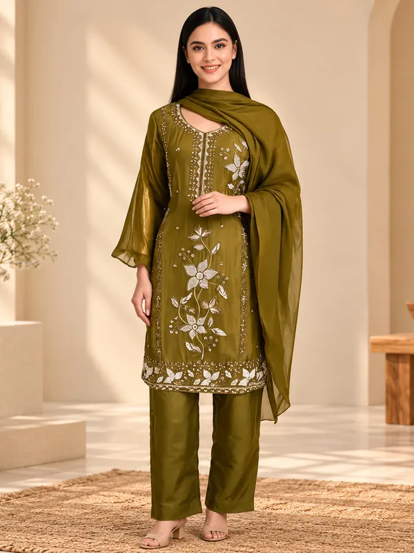 Kurta_Pant_Set_with_Dupatta_for_Women_-_Olive_Green_Silk_Embroidered_|_Festive